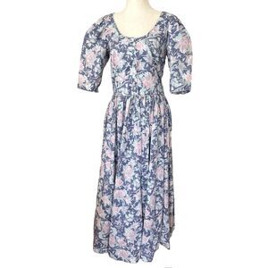 Vintage 1980s does 50s Laura Ashley Short Puff Sleeve Blue Floral Tea Dress